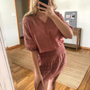 Ulla Johnson Pink Lace Ruched Smocked Bohemian Puff Sleeve V Neck Mini Dress M